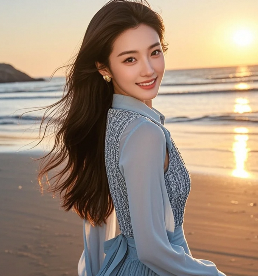 夕阳沙滩，她长发及背，优雅漫步，笑容宁静致远