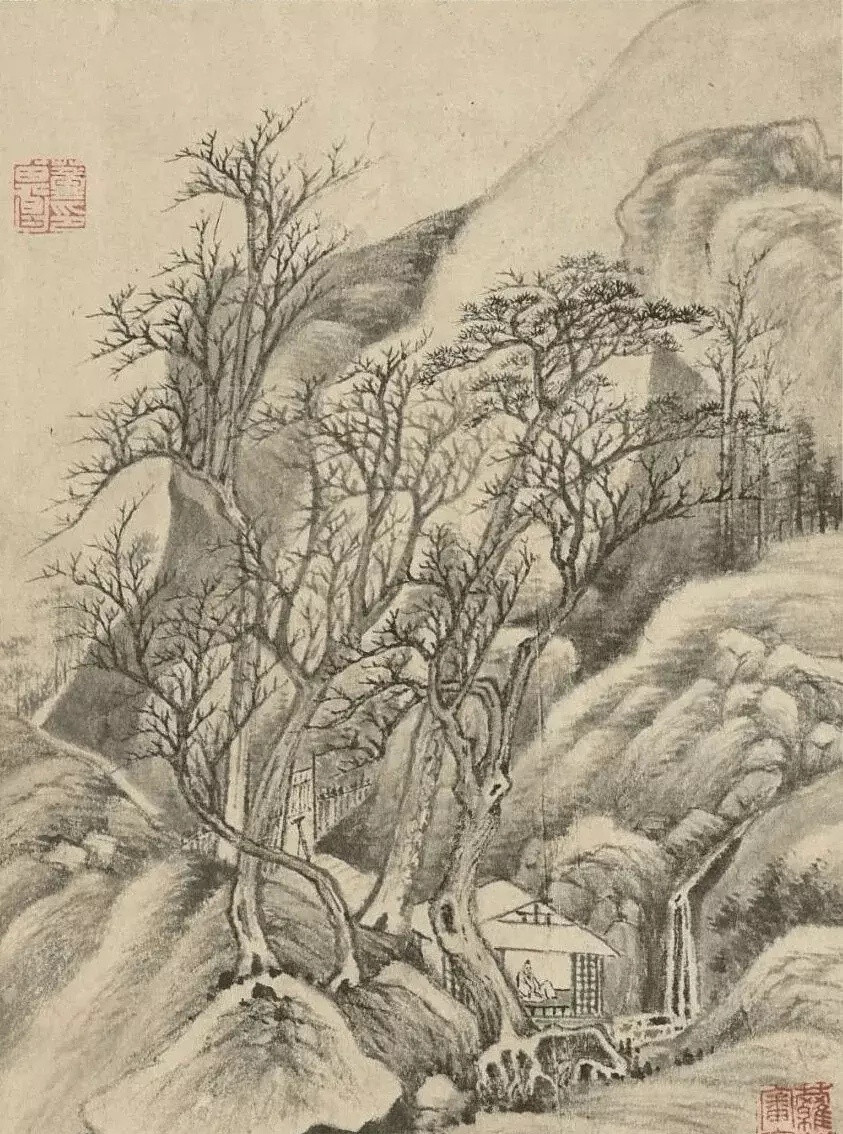 董其昌十二开《山水册》。时年七十二岁，纸本水墨，是其践行南北宗画论的经典实物。