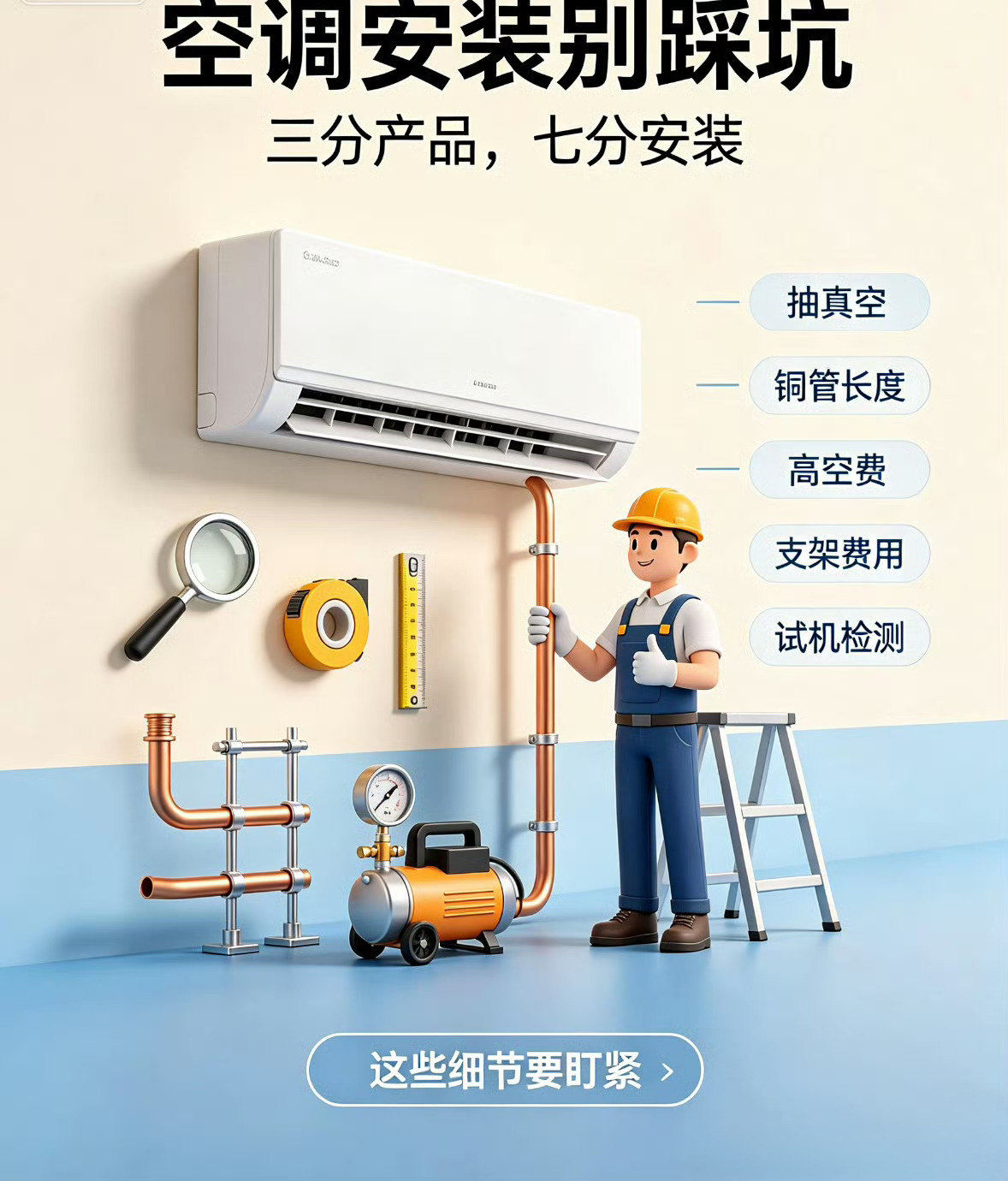 空调安装哪家强安装才是藏坑最多的地方。抽真空偷时间、管线乱加价，师傅手艺不行，再