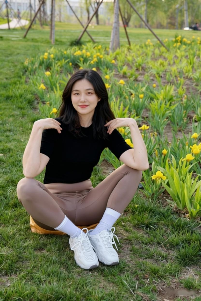 姐妹们！公园随手拍也太出片了吧～穿一身舒服的瑜伽服，踩上软乎乎的小白鞋，往草地