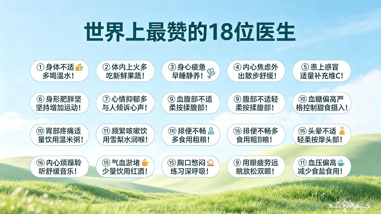 世界上最赞的18位医生①身体不适多喝温水！②体内上火多吃新鲜果蔬！③身心疲