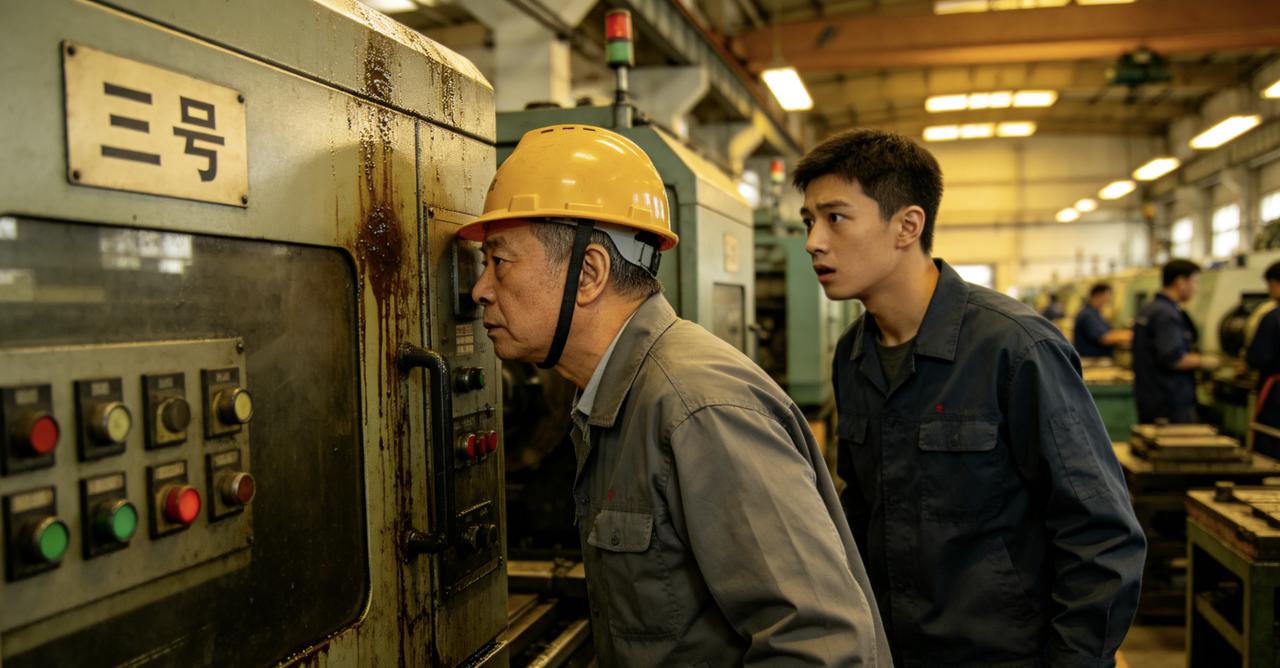 车间里，新来的学徒跟着老周巡检。走到三号生产线，老周忽然停下，贴着设备听了十几