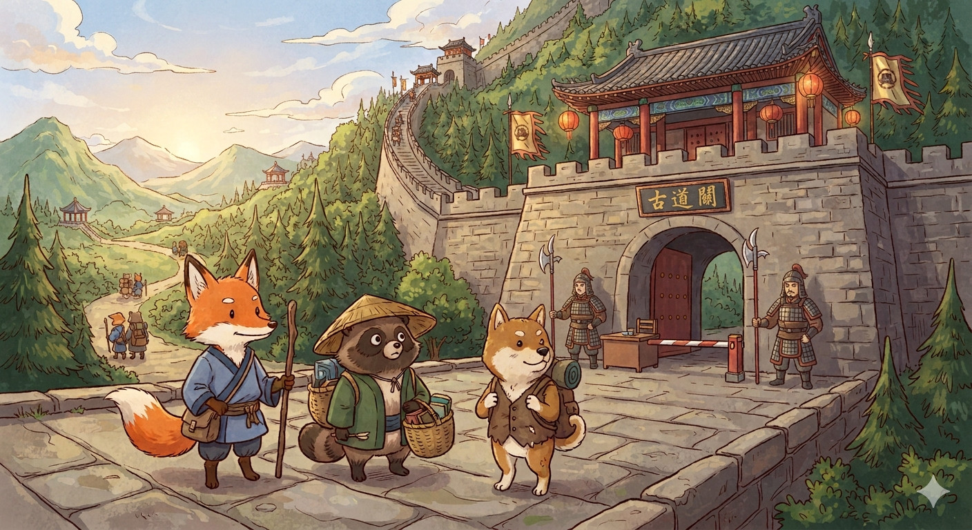 一只狐、一只狸和一只狗结伴出行，途经某处汉朝关卡，由于它们属于自走的商品——兽皮
