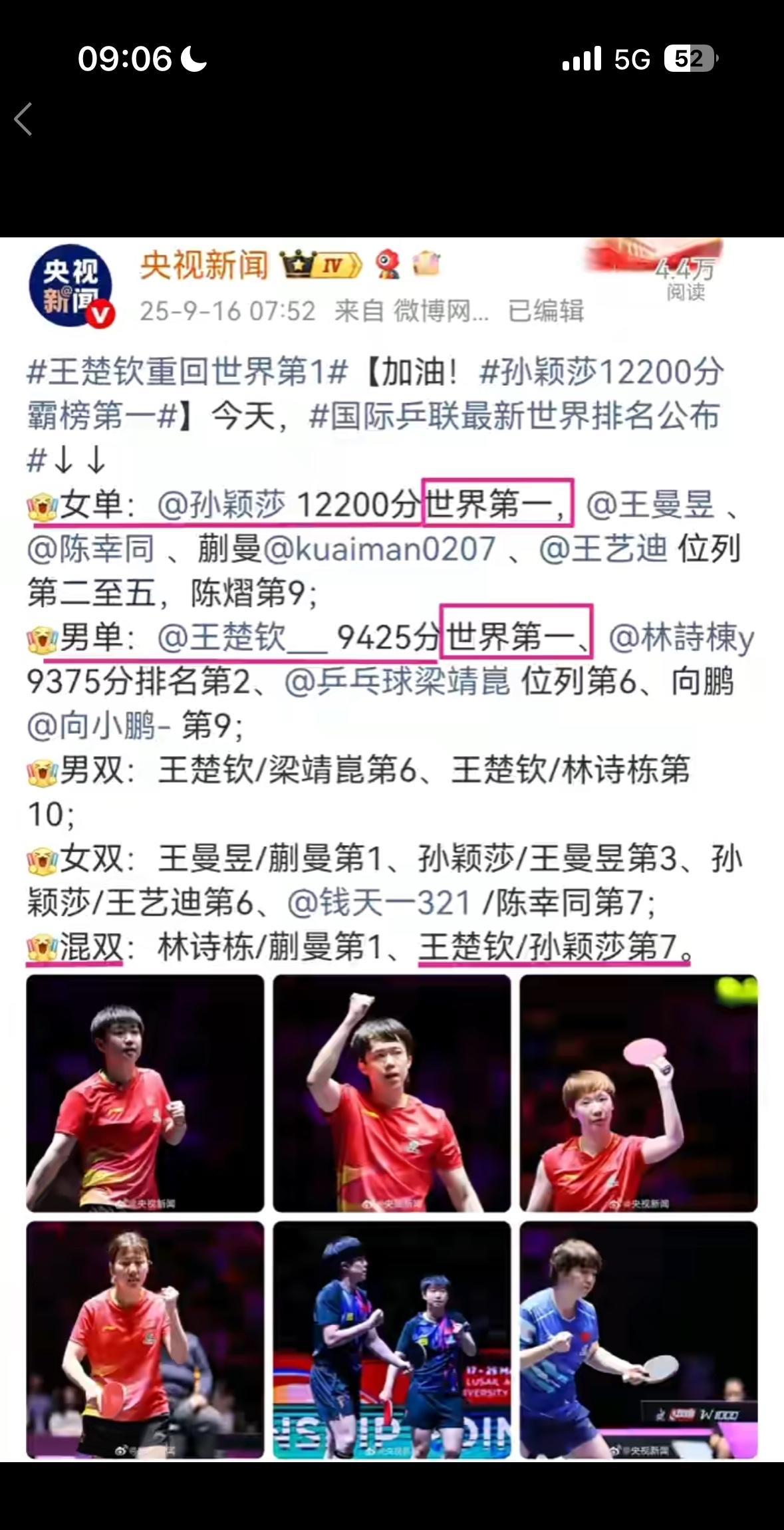 央妈一大早，王楚钦重新登上世一！我们家的两个孩子，莎头组合都是妥妥的第一名，小