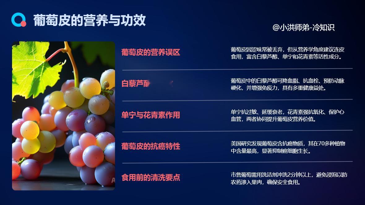 葡萄皮不能吃人们吃葡萄时，喜欢把皮吐掉，因为葡萄皮有涩味，所以不能吃。但从营养学