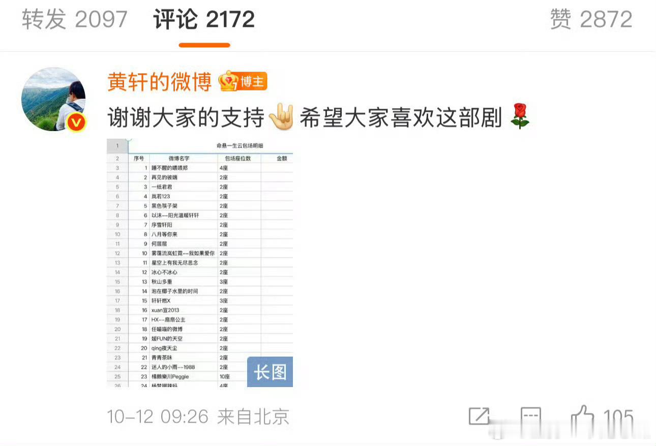黄轩特意感谢了云包场的粉丝，这…​​​