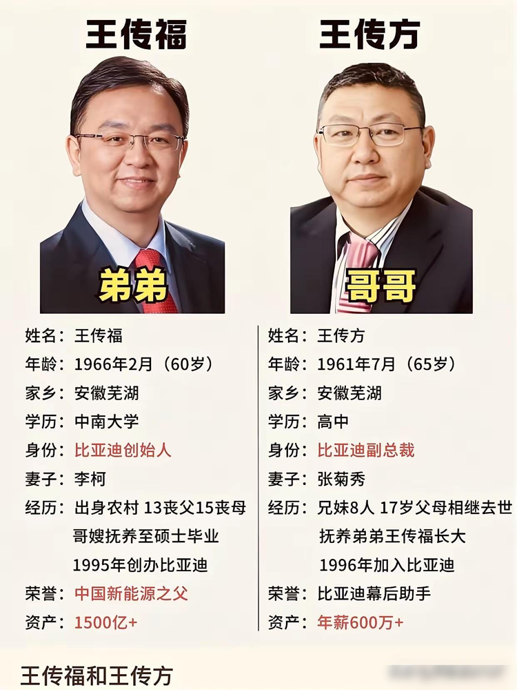 世间最难得、最动人的兄弟情，莫过于王传福和王传方。兄弟二人出身安徽无为贫苦农村，一生饱经坎坷。说实话