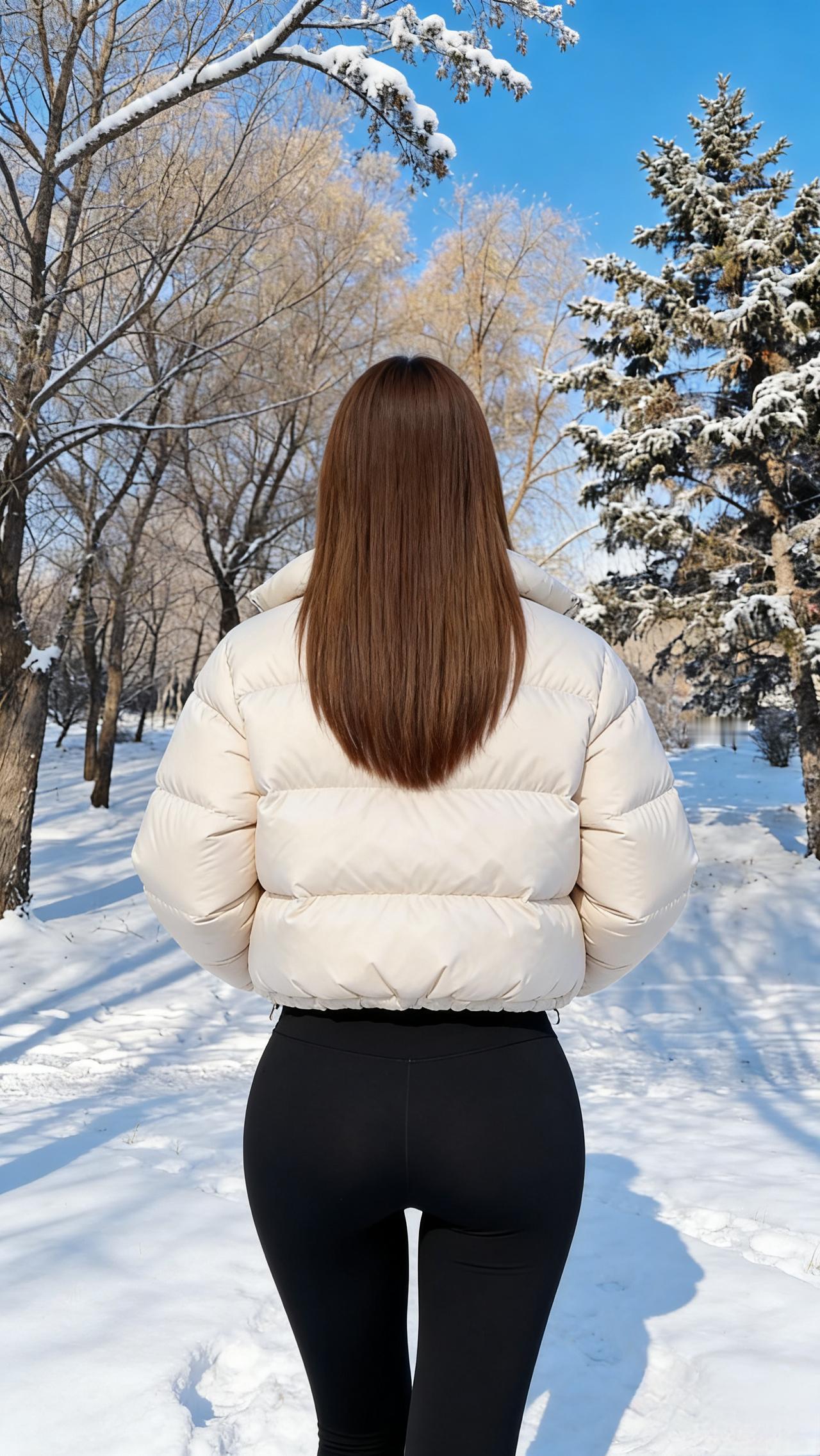 冷气流淌成树的纹路雪落在松针上，结出细碎的冰花她的肩线抵着冬的凛冽羽绒服的