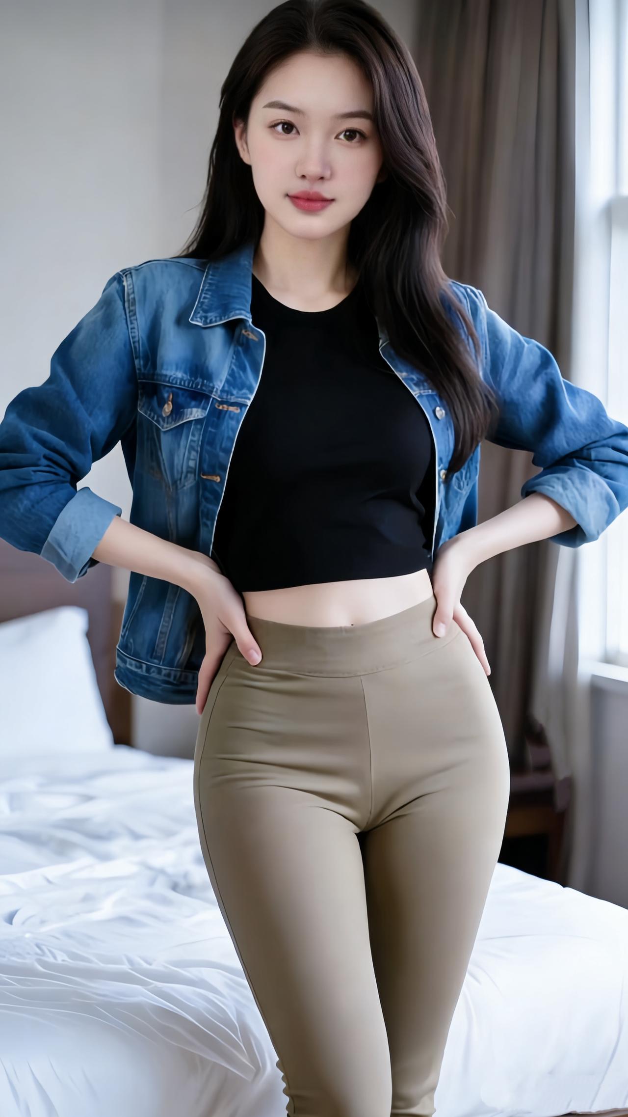 《牛仔裹着的日常松弛》晨光漫过床沿，牛仔外套的旧蓝里浸着随性的暖，卷边的袖