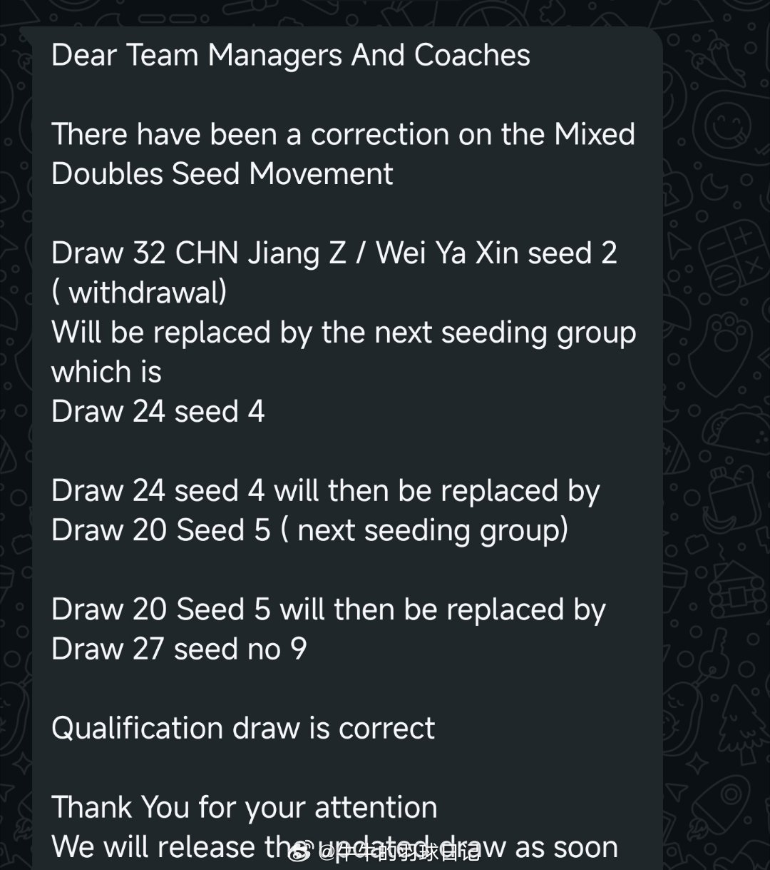 蒋振邦魏雅欣亚锦赛退赛尊敬的各队领队及教练：混合双打种子排位现已进行更正：签位