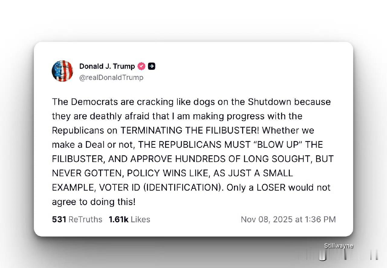 川普称“民主党人像狗一样开始崩溃了（crackinglikedogs）”。