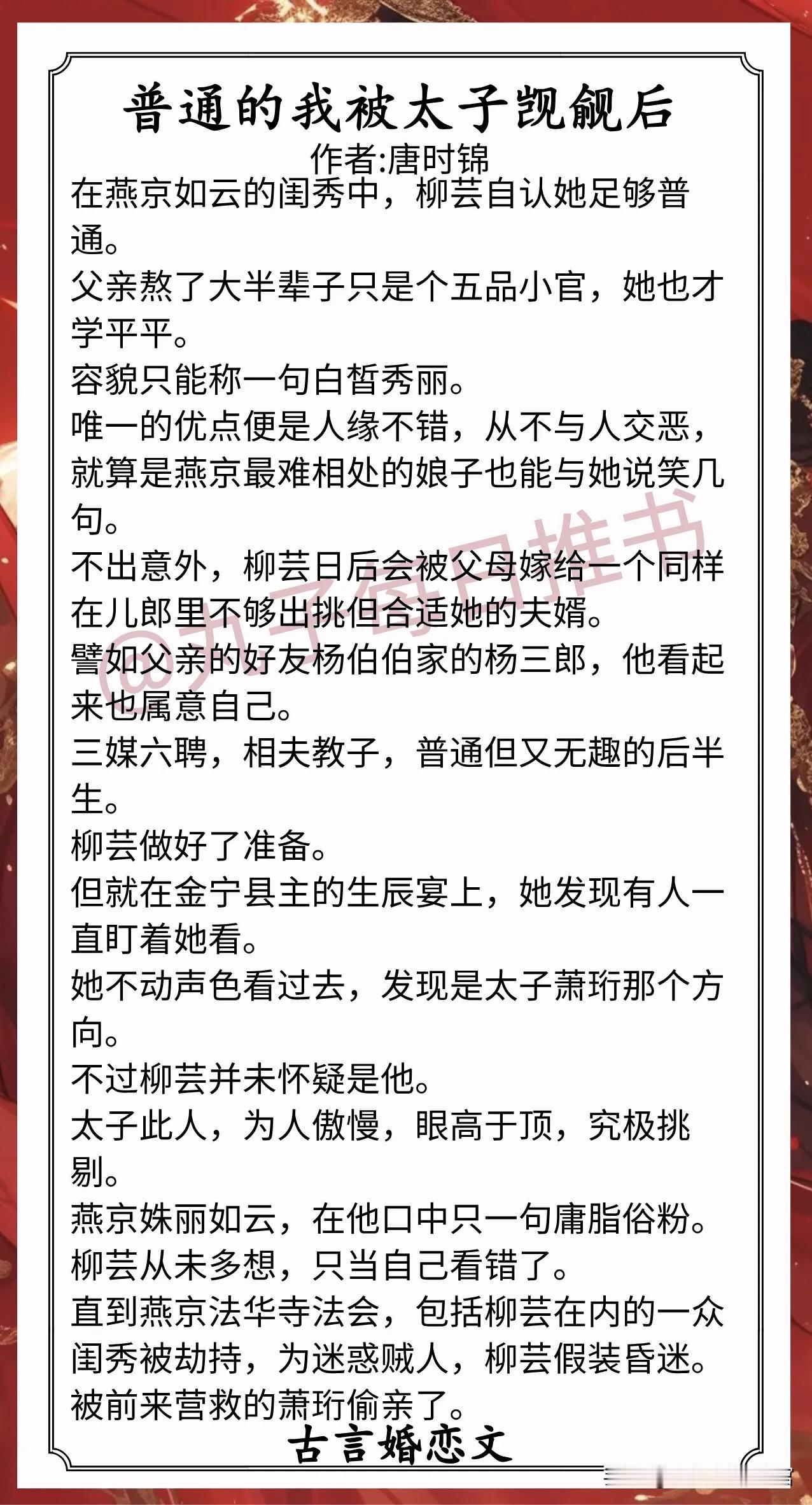 古言婚恋文合集1.《普通的我被太子觊觎后》作者:唐时锦