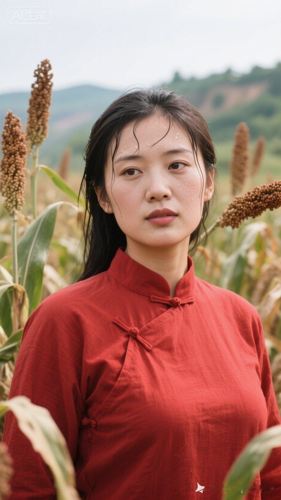 在黄土地上的红衣少女与田野的浪漫邂逅！