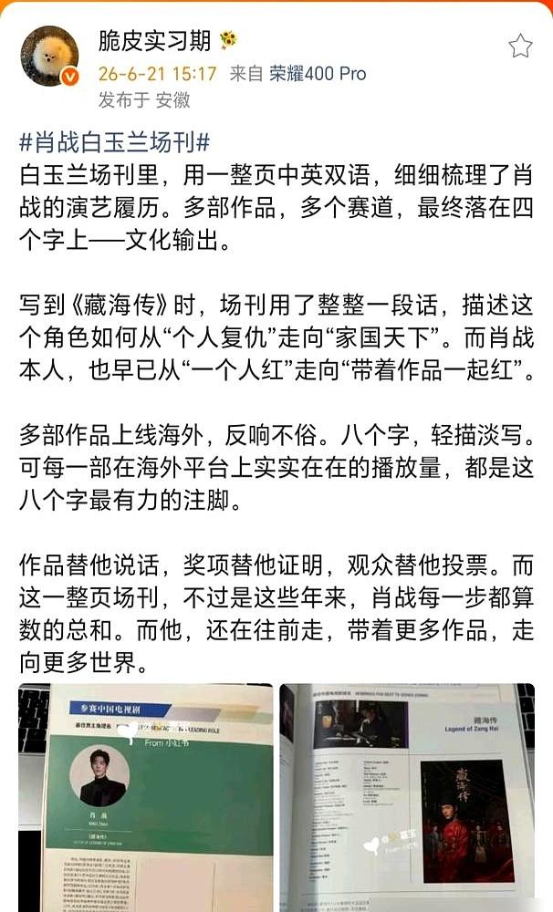 白玉兰场刊，说白了就是娱乐圈的“价目册”。于和伟、胡歌还挤在一页，人家肖战团队
