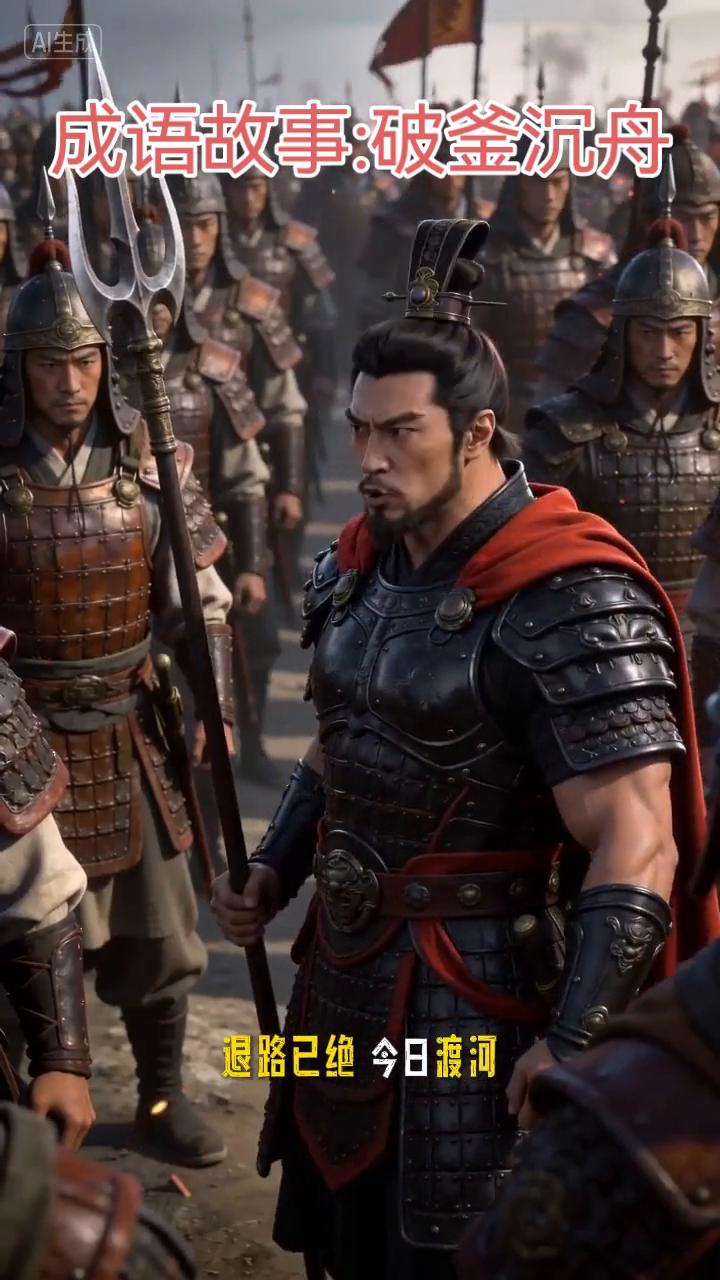 成语故事：破釜沉舟。巨鹿被围，退路已绝，今日渡河，有进无退。破釜沉舟，死战！死