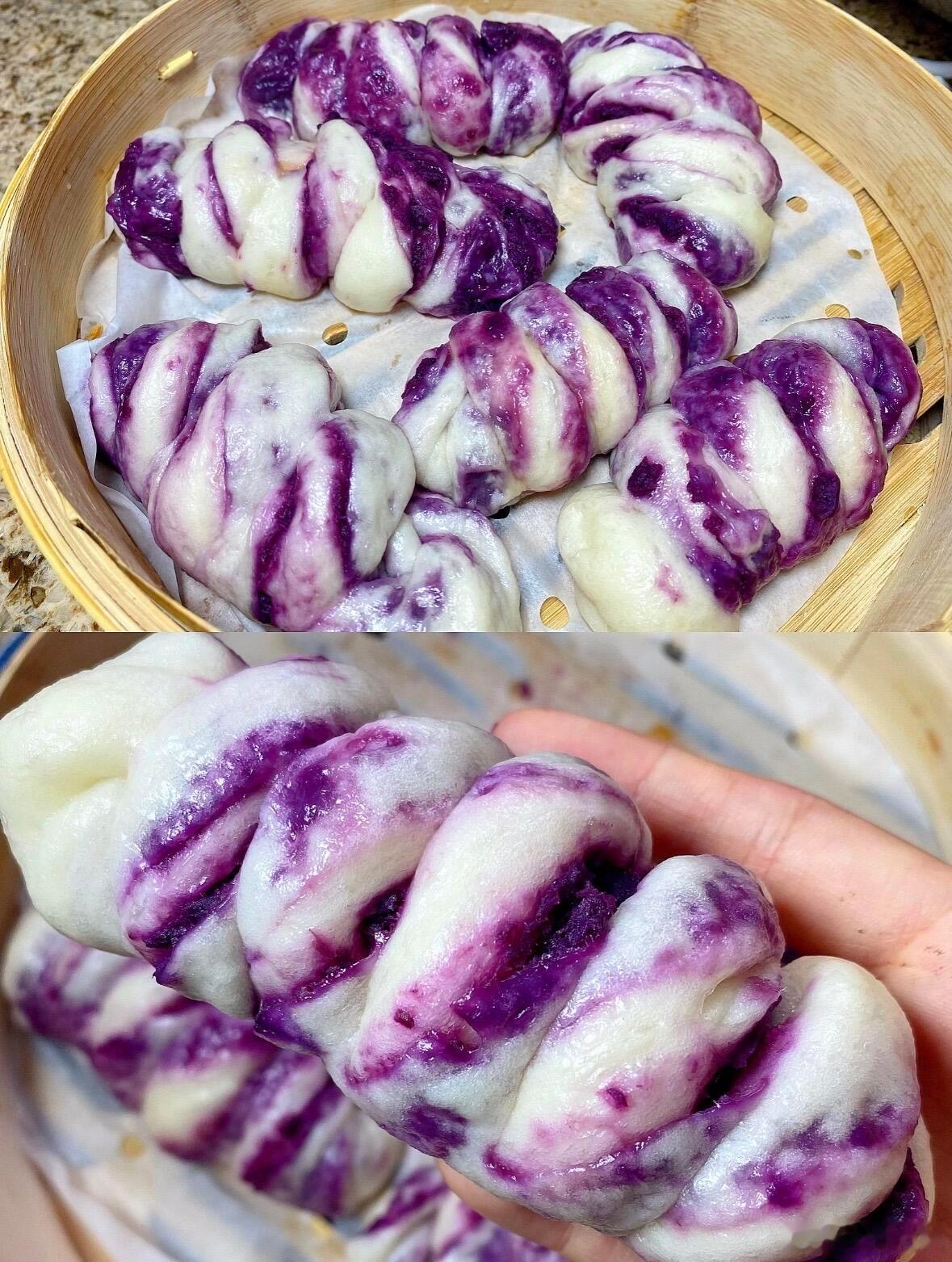 今天早餐做了紫薯馒头卷，出锅后全家都赞不绝口！这紫薯馒头卷不仅颜值超高，模样十分