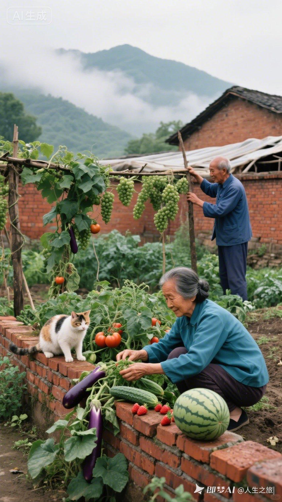 🌿爷爷种菜，奶奶摘果，猫咪相伴，岁月静好。