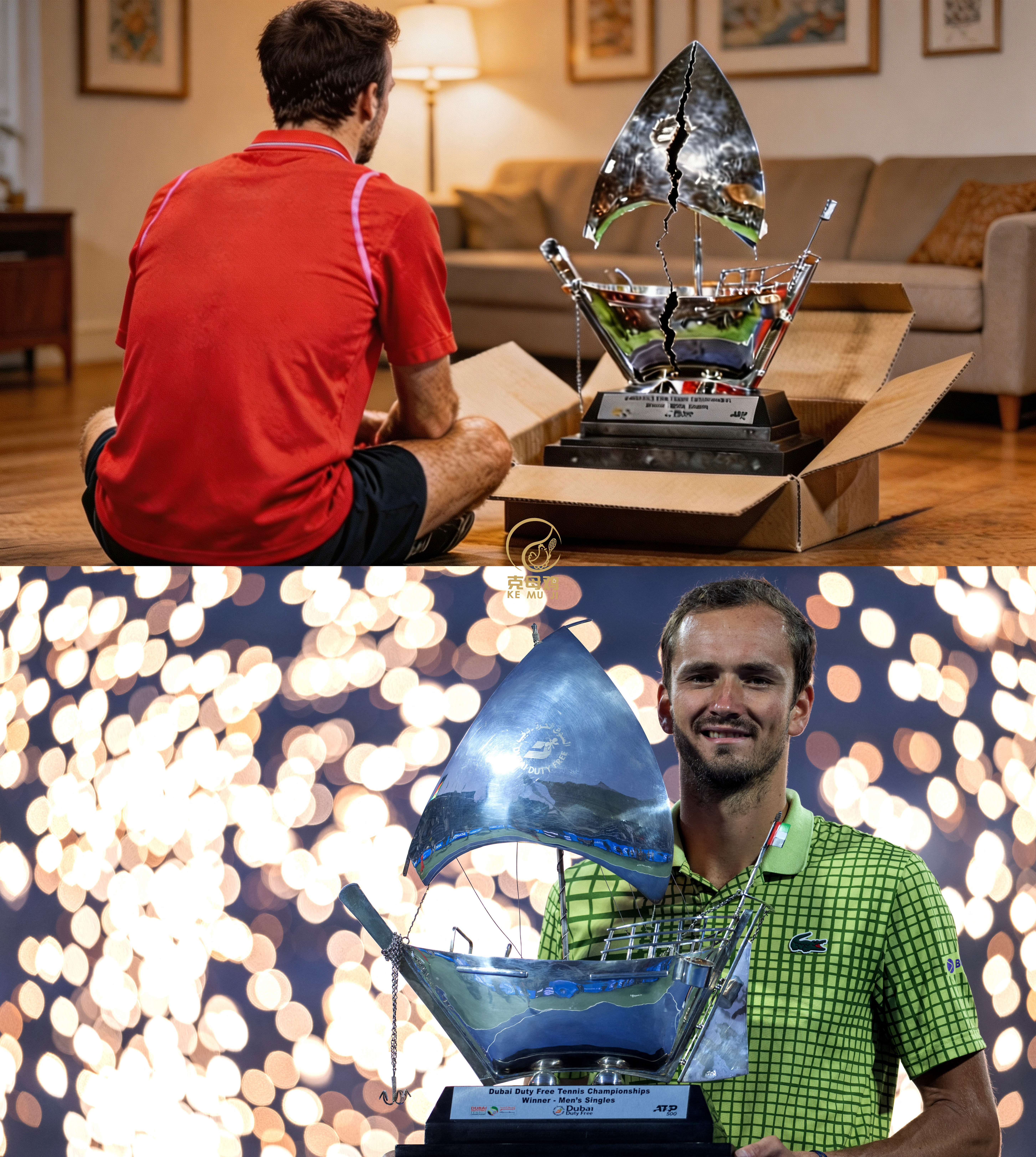 梅总透露，自己第一次拿迪拜冠军时的奖杯，在寄到家里的过程中破碎了，所以没办法摆上