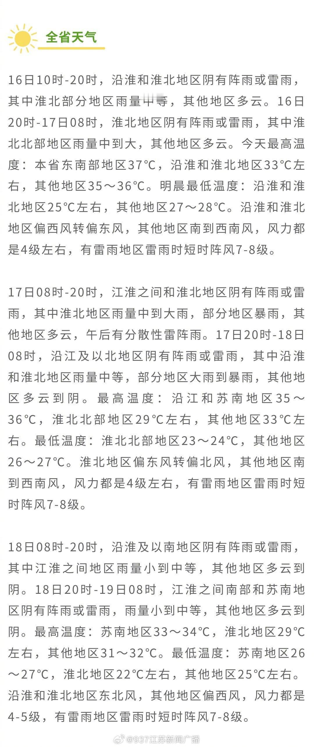 江苏回归高温模式【16-17日，江苏江淮之间和淮北地区多降水过程，沿江...
