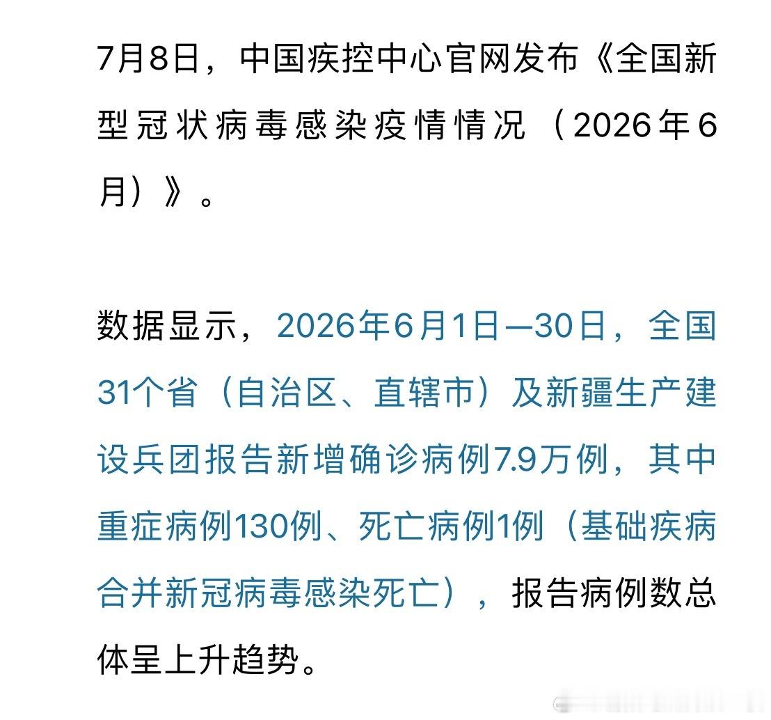 6月新增新冠确诊7.9万例2026年6月1日—30日，全国31个省（自治区、直辖