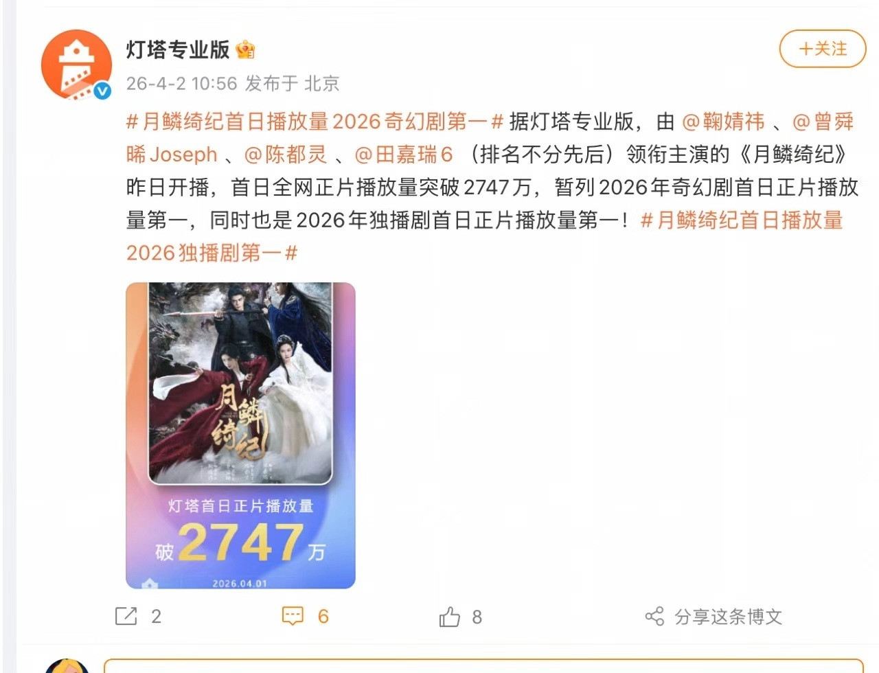 月鳞绮纪登顶月鳞绮纪热度破7000月鳞绮纪实力登顶！开播前热度破7000，多榜第