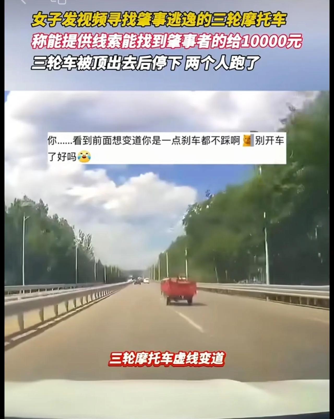 女子发视频寻找肇事逃逸的三轮摩托车，称能提供线索能找到肇事者的给10000元，三