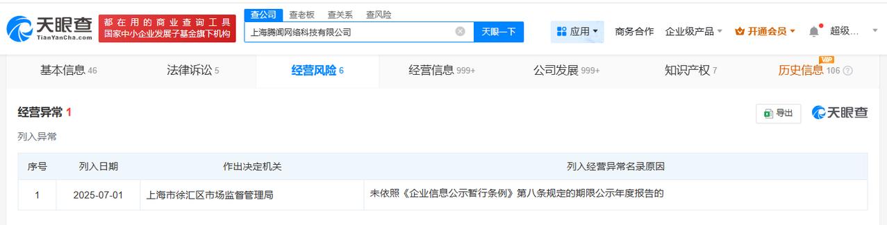 【腾讯旗下腾闻网络科技公司经营异常】天眼查App显示，近日，上海腾闻网络科技有