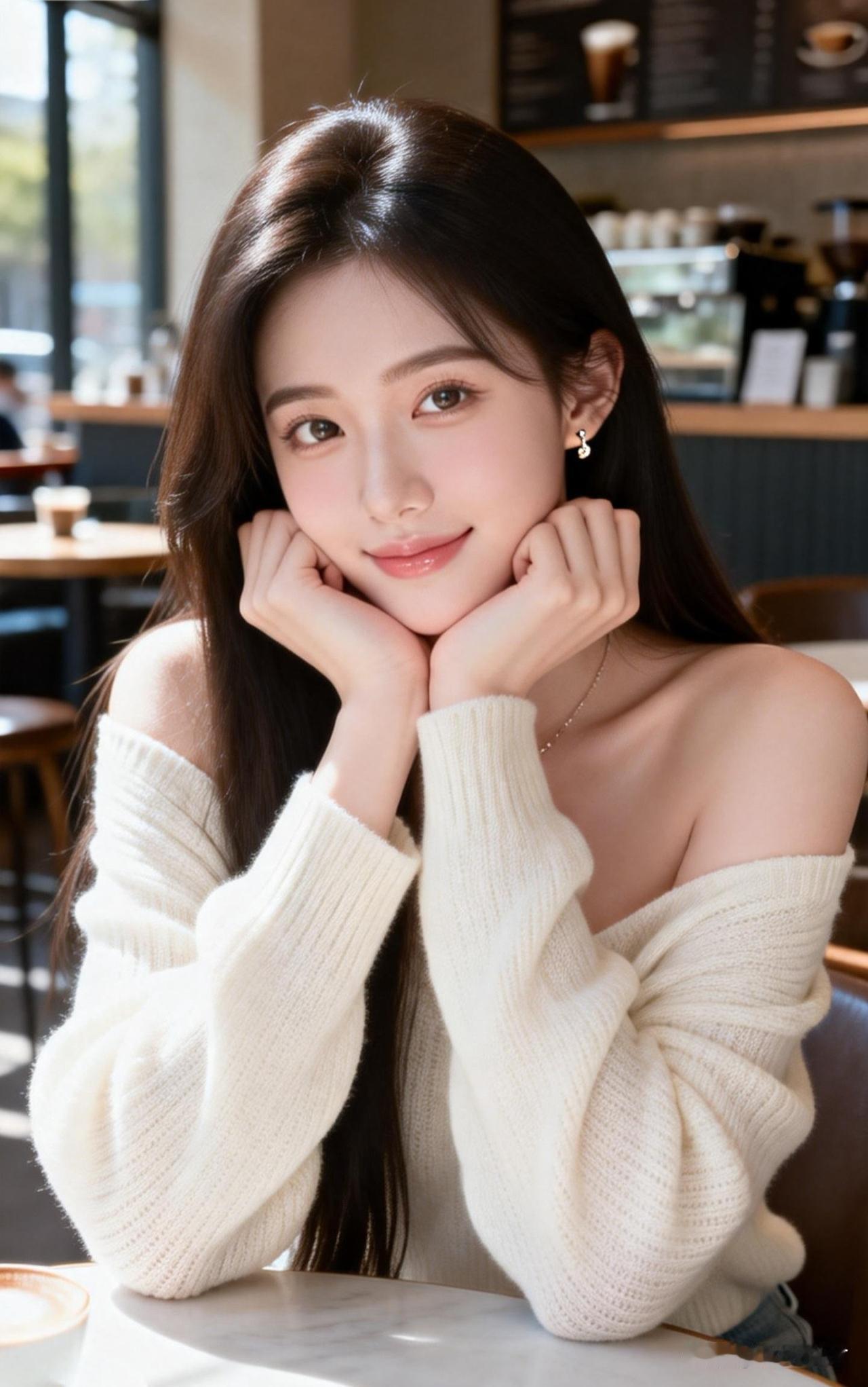在咖啡馆里，温柔微笑的少女，暖阳洒满她的脸庞。