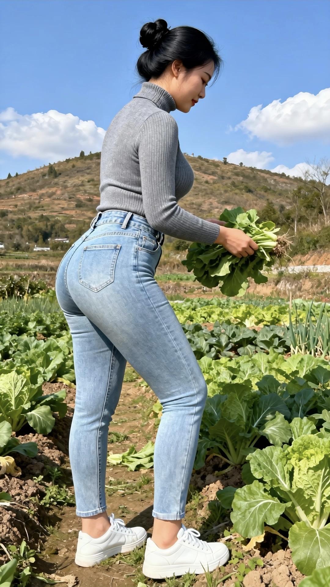 澄澈的蓝天缀着棉絮状的云，远山的坡地覆着浅褐与苍绿交织的肌理，菜畦里的白菜舒展着