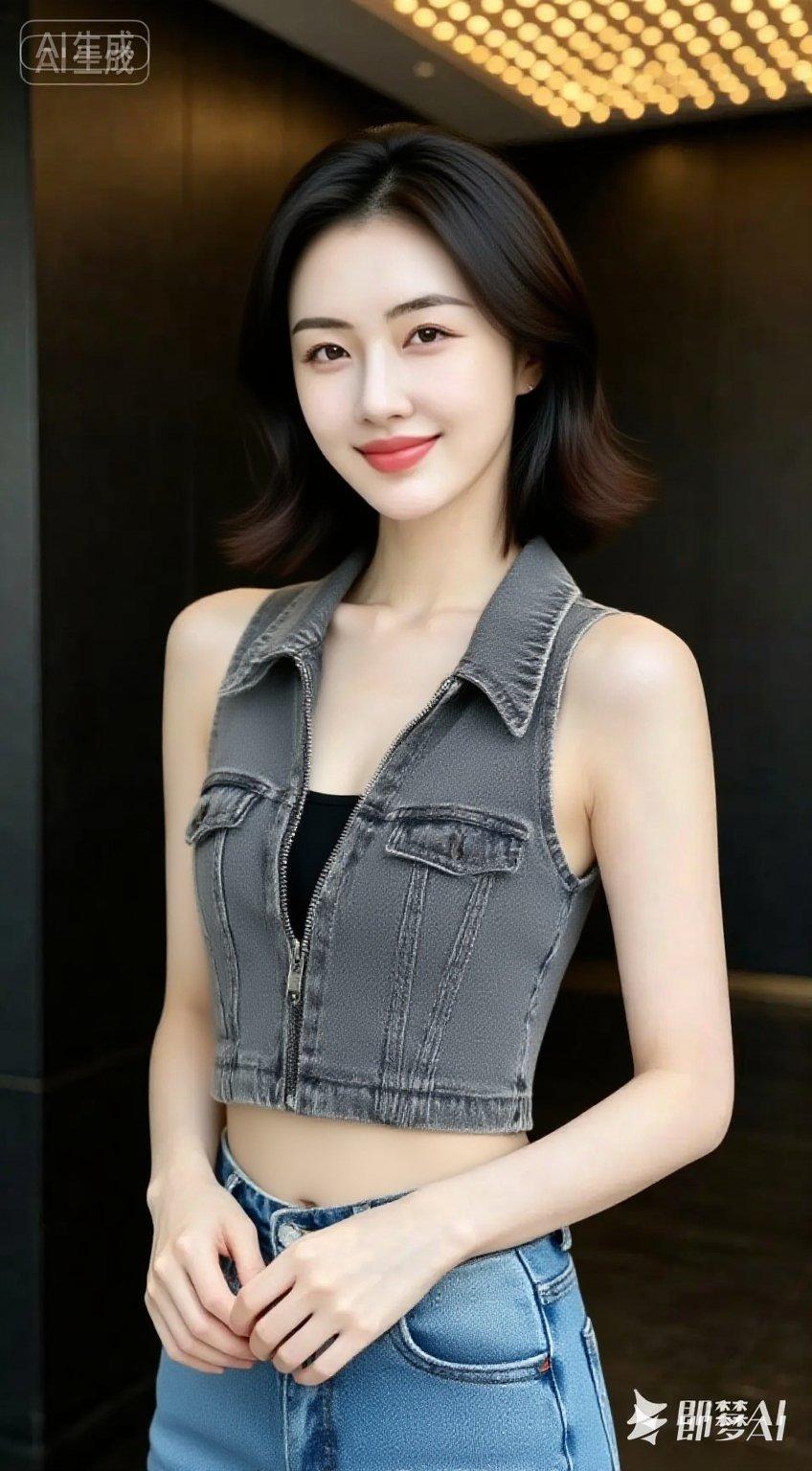 这位小姐姐穿着牛仔背心和牛仔裤，笑得很甜。