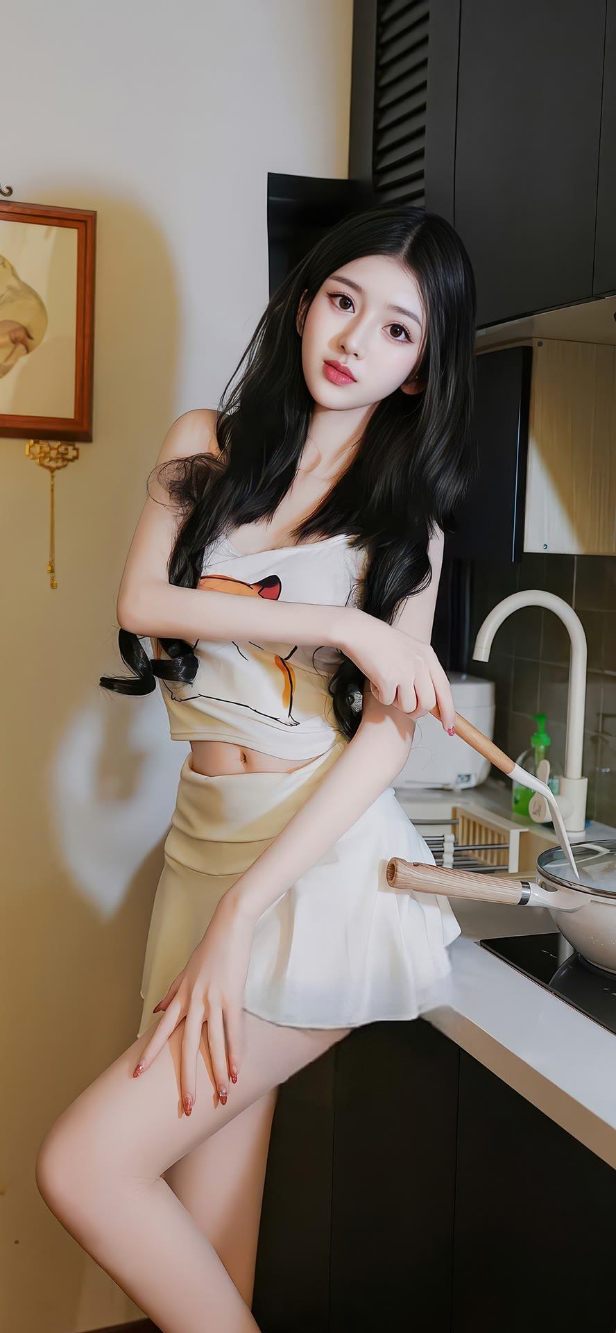 甜美少女在厨房，可爱装扮，萌化你的心！🍳💖