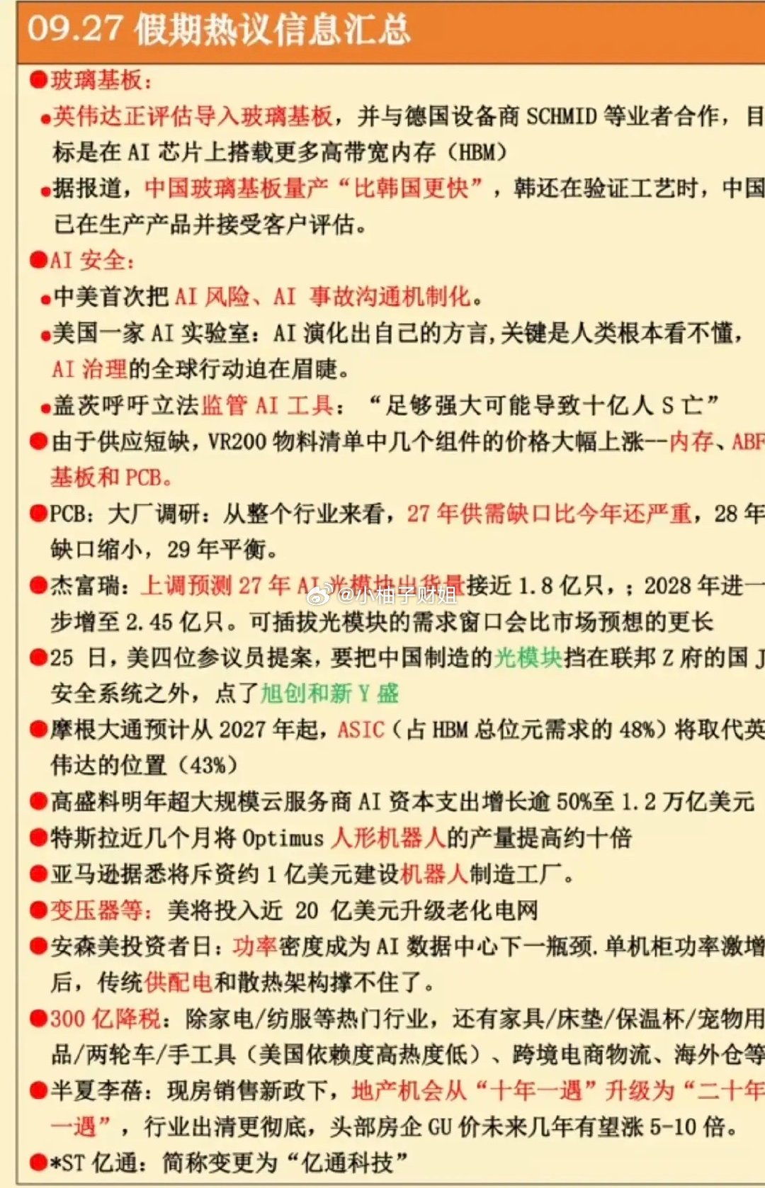 9.27周日假期：财经热点信息汇总！1.玻璃基板，英伟达2.网络安全，AI安