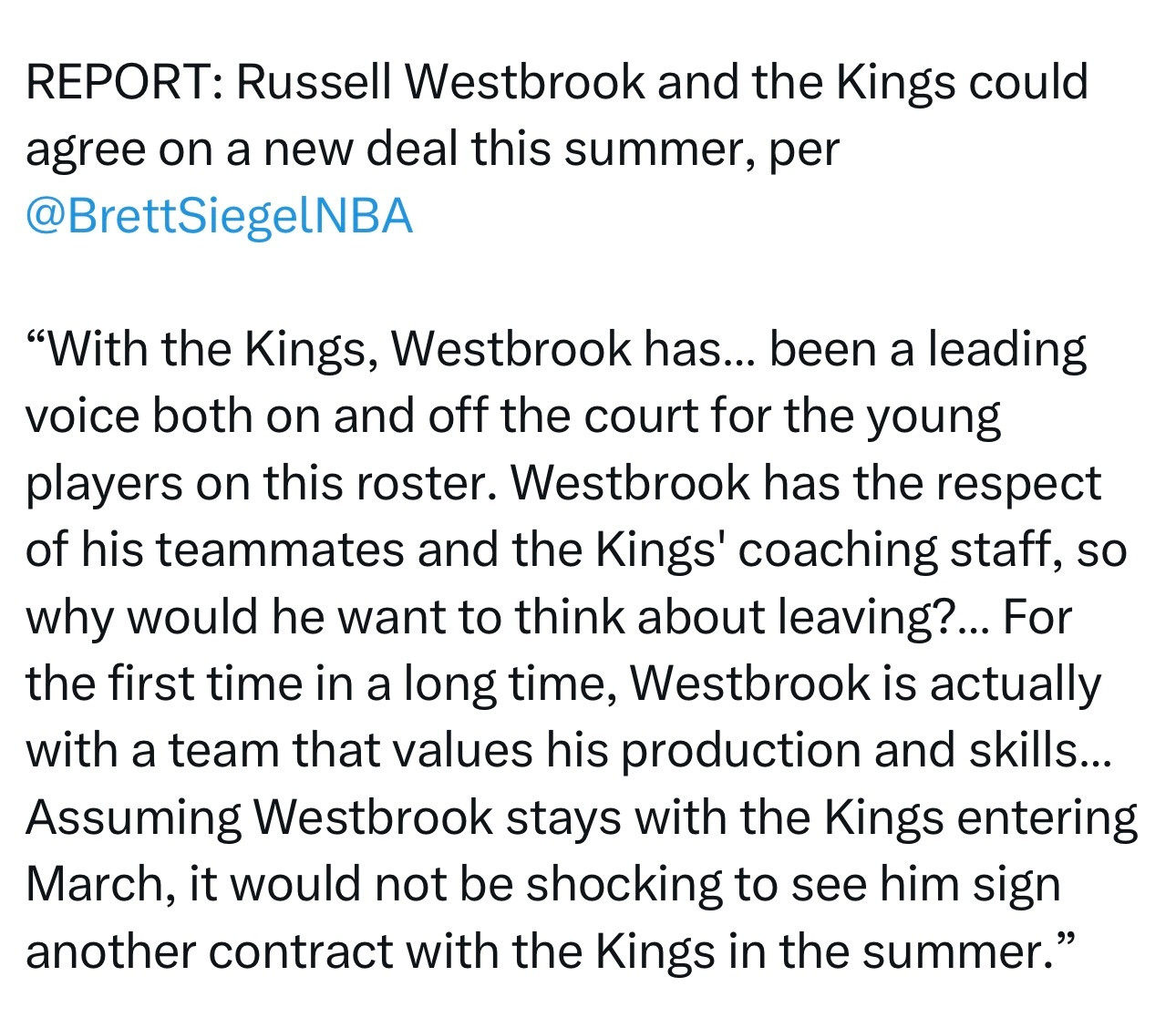 BrettSiegel：国王队或将在今年夏天与威斯布鲁克达成一份新合同。今年3
