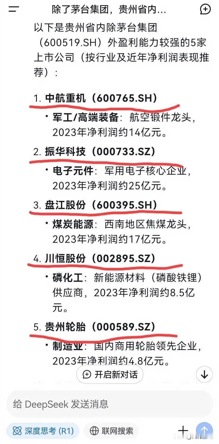 除了茅台集团，贵州省内最能赚钱的上市公司？deepseek推荐这5家。以下是贵