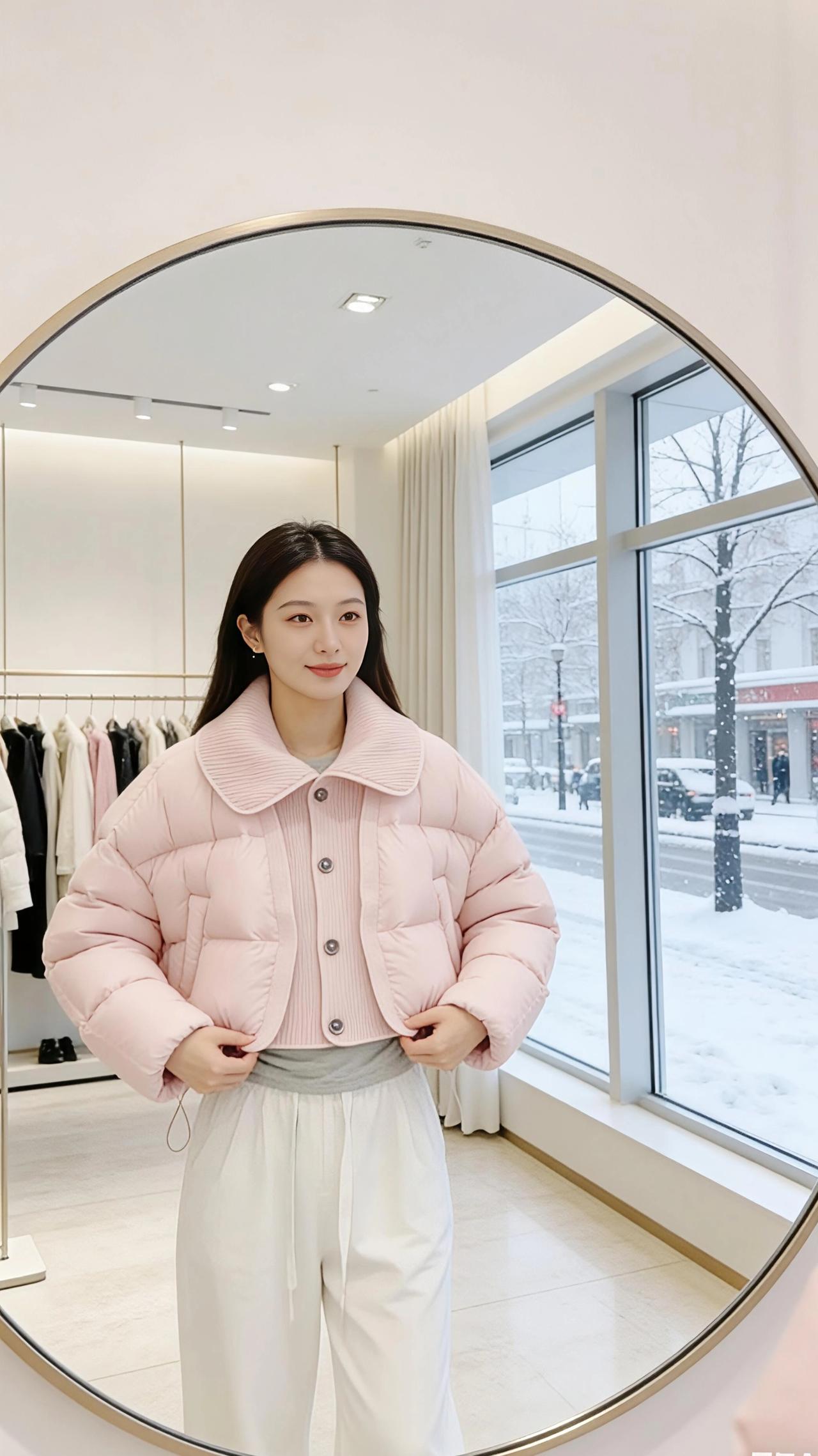 雪是冬天写在窗玻璃上的诗，落满街树的枝桠时，试衣间的暖光正裹着一身粉。是揉