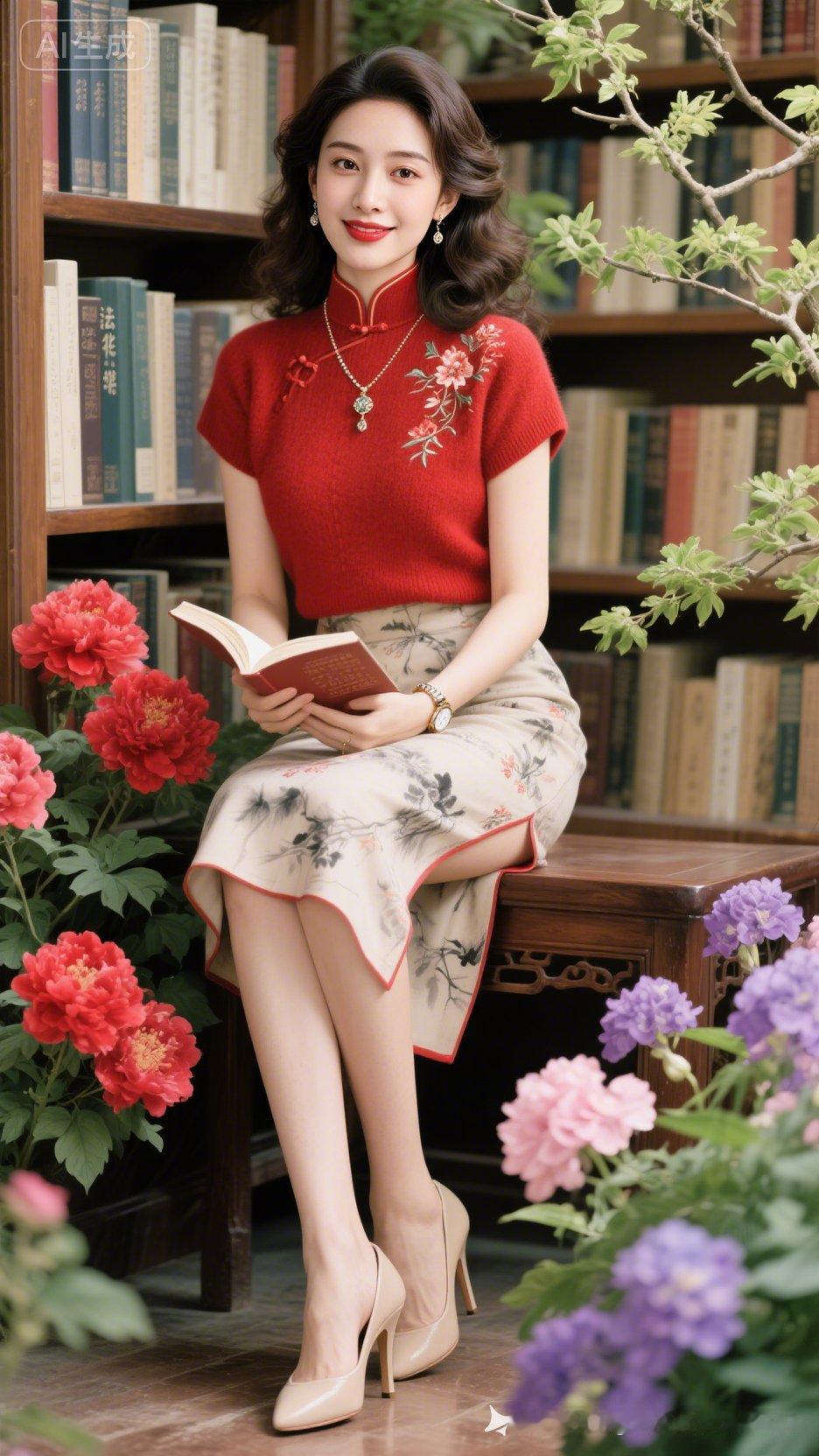 优雅阅读时光，复古旗袍与现代书籍的完美融合。
