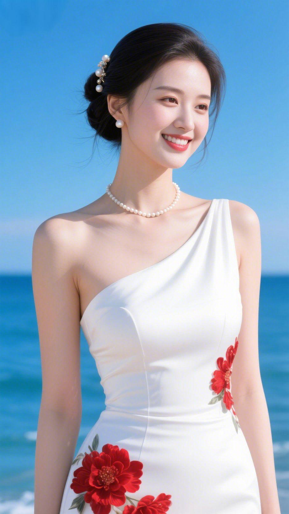 海风寄温柔蓝得澄澈的海天一色里，一袭白裙揉进了海风的温柔。珍珠项链轻贴锁骨