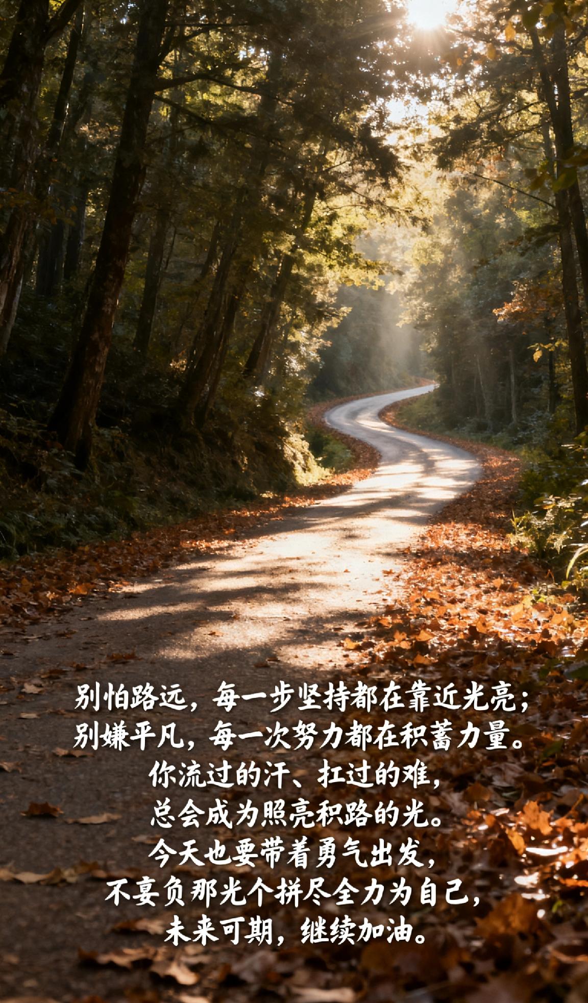 说一句话鼓励自己的话别怕路远，每一步坚持都在靠近光亮；别嫌平凡，每一次努力都在积