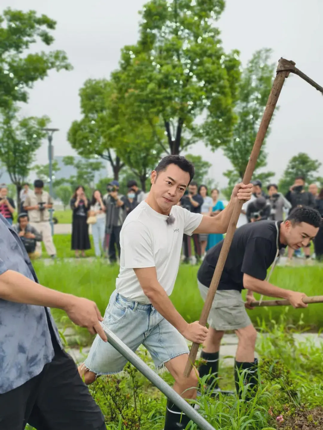演员就是演员，人前不干一件正经事！干活的姿势看着就别愣，沙溢是左撇子吗？使用油锯
