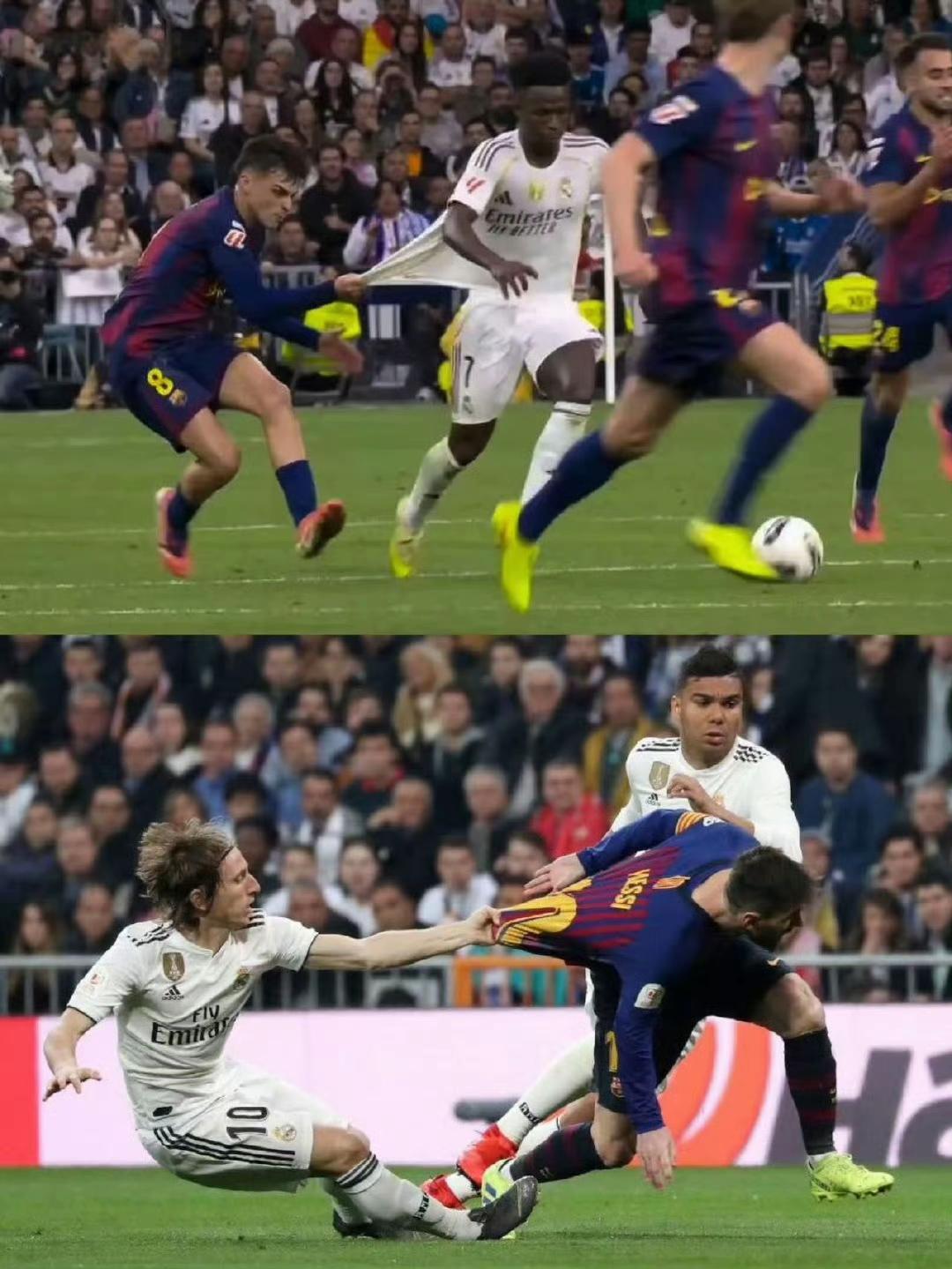 皇马和巴萨的恩怨情仇，这两张照片就能说明。皇马球迷说巴萨防不住维尼修斯，连拉