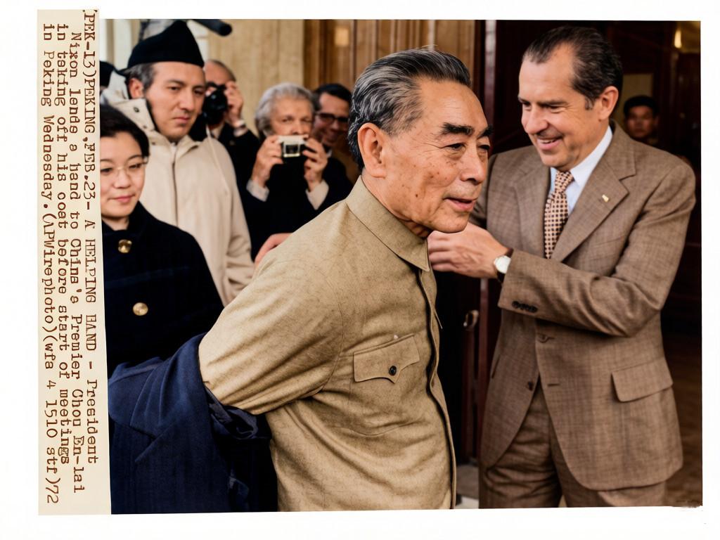1972年2月23日，尼克松访华期间。当周总理步入北京钓鱼台国宾馆大厅时，站在厅