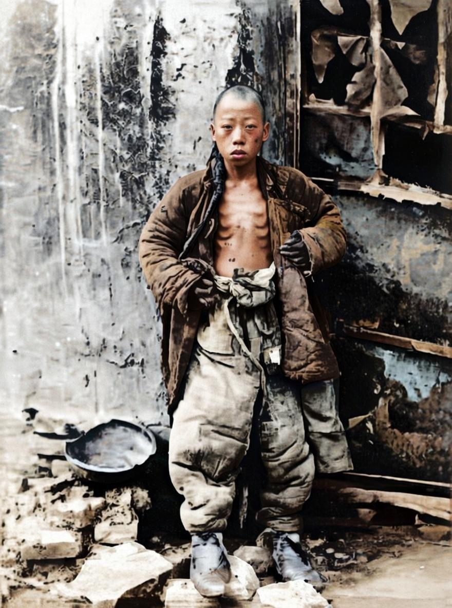 20世纪初的北方，很可能是在一次严重的饥荒期间，一个刻意敞开衣襟，露出瘦骨嶙峋的