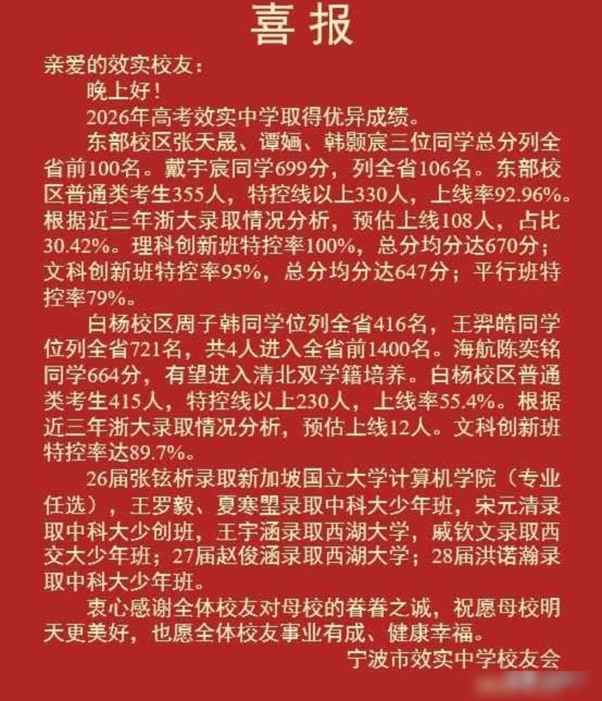 这是宁波市区头部效实中学的喜报，难得今年发了考的不错。我年轻那会读书，效实就
