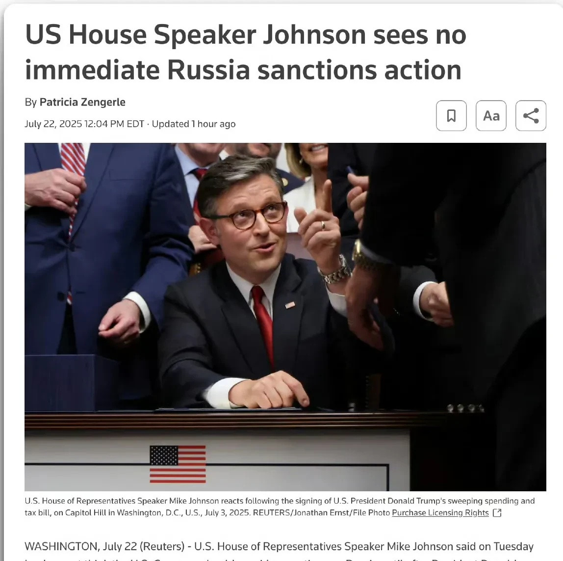 美国众议院议长约翰逊周二表示，他认为美国国会不应该在特朗普为莫斯科设定的50天