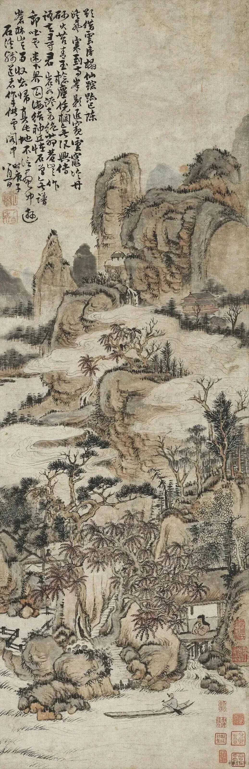 清髡残《云山溪树》，远看云雾缭绕，山峦叠嶂，好像仙境一般；近看溪水潺潺，树木葱