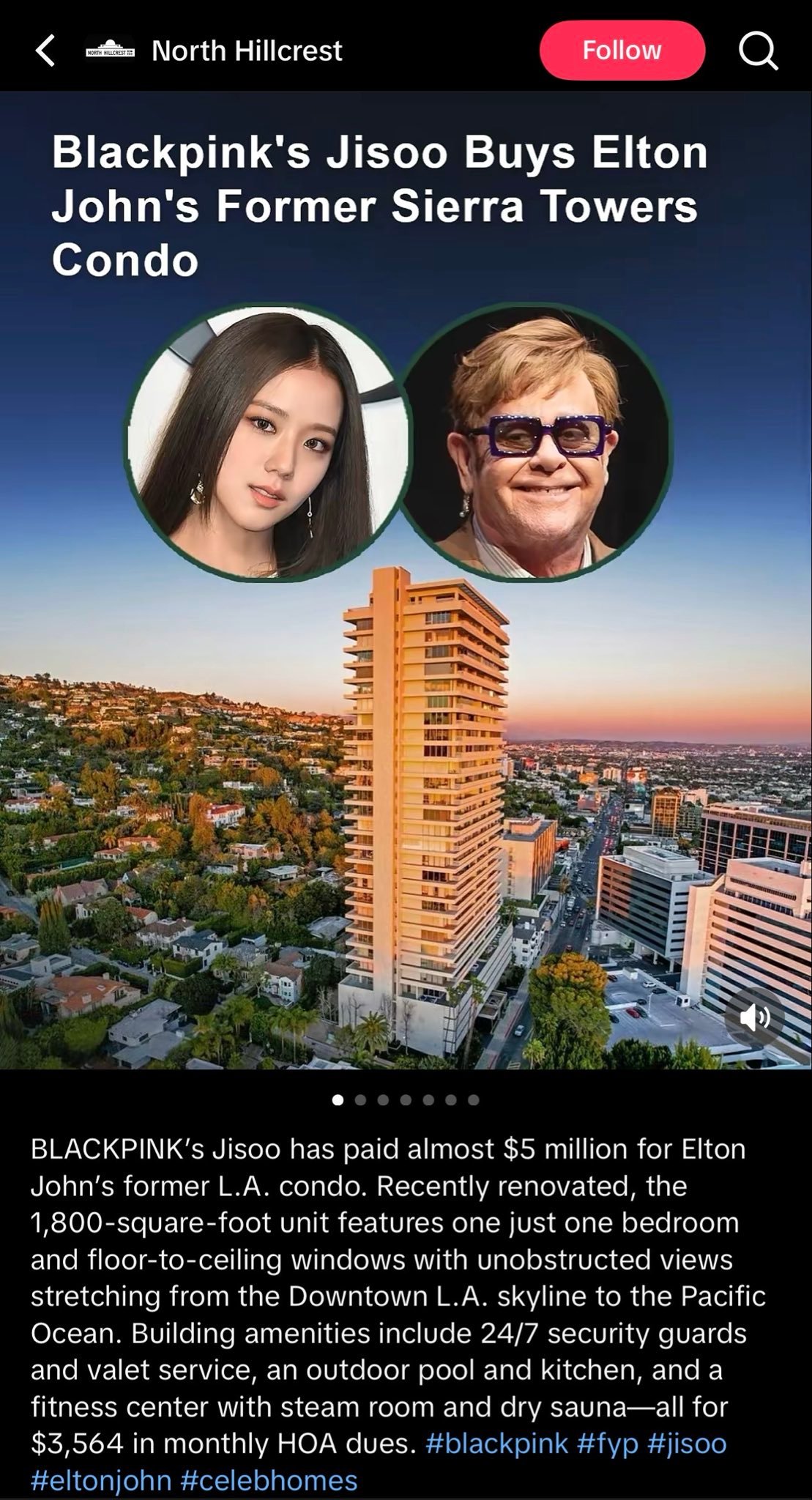 有消息称，JISOO以近500万美元的价格在洛杉矶西好莱坞著名的SierraT