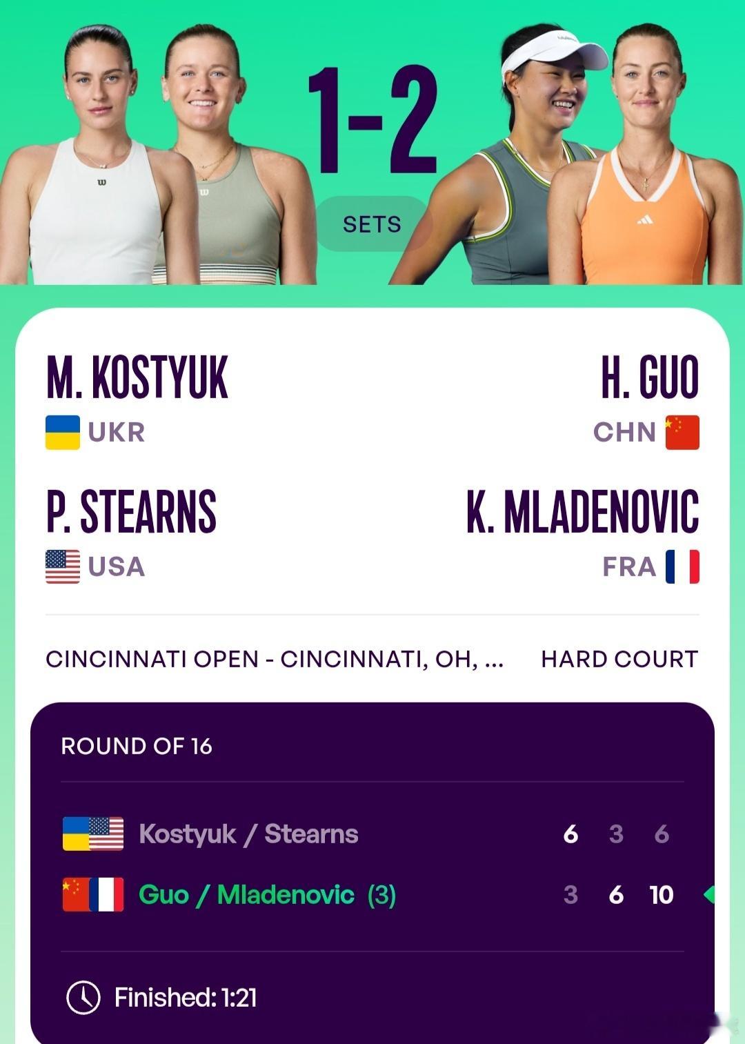 WTA1000辛辛那提站🇺🇸女双第2轮郭涵煜🇨🇳/梅拉德诺维奇🇫🇷3