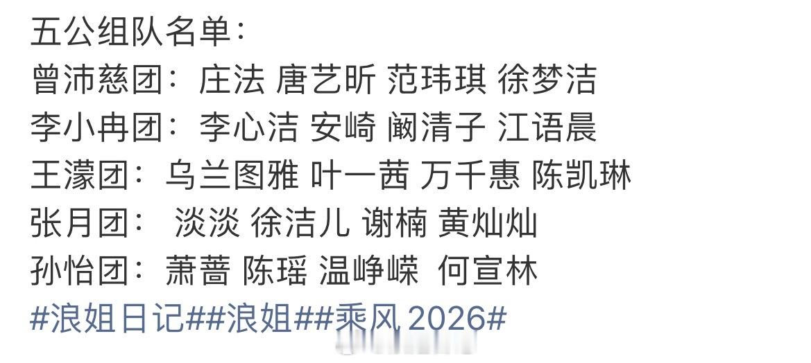 五公组队结束！完整版名单如下浪姐日记浪姐乘风2026