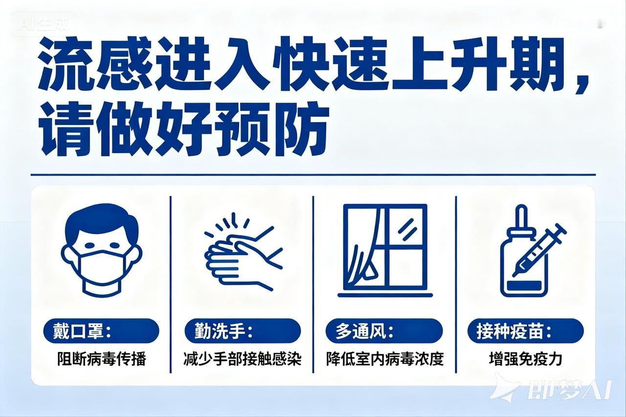 流感进入快速上升期。勤洗手、戴口罩，接种疫苗护健康，做好防护别大意。
