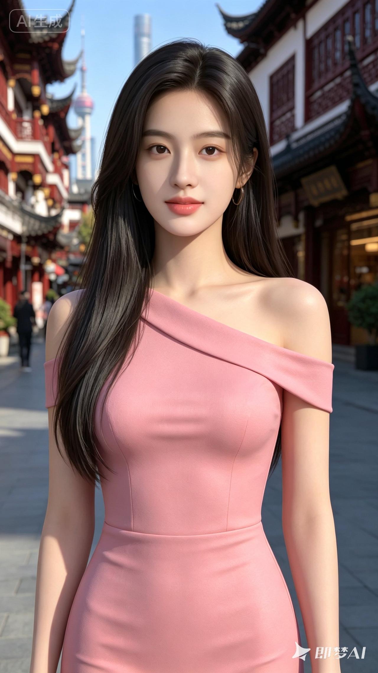 粉裙少女漫步在古风街头，美得像一幅画！💕